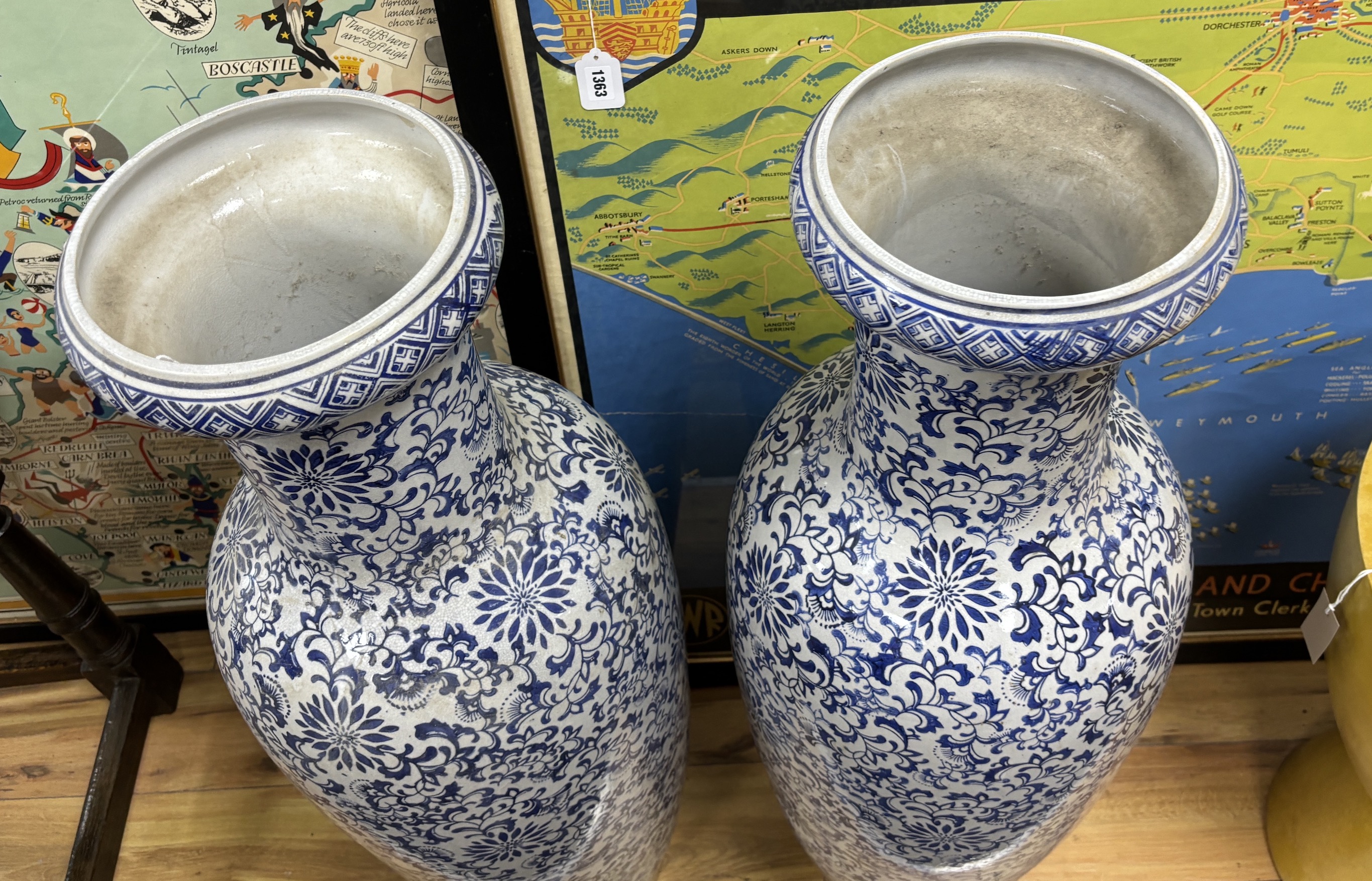 A pair of large Chinese blue and white vases, 107cm high